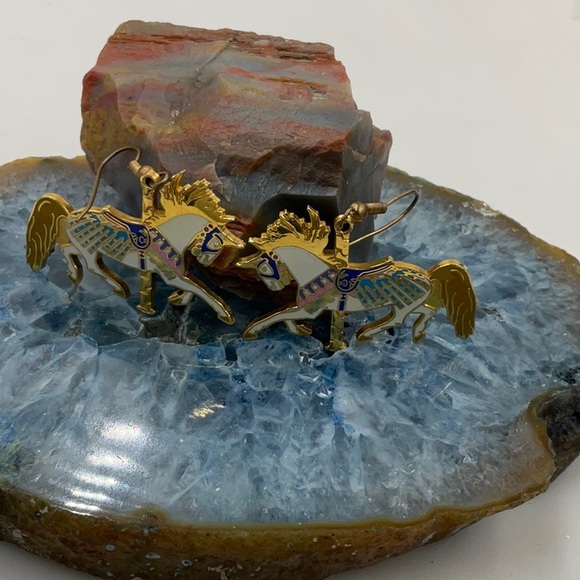 Carousel Classics Gold & Blue Carousel Horse French Wire Earrings W/Enamel Paint - Picture 5 of 6